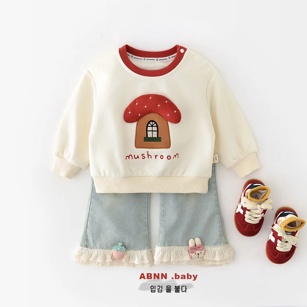 

Autumn Children's 2piece Set Round Neck Long Sleeve Color-blocked Mushroom Toddler Girls Sweatshirt Elastic Waist Kid Girls Pant