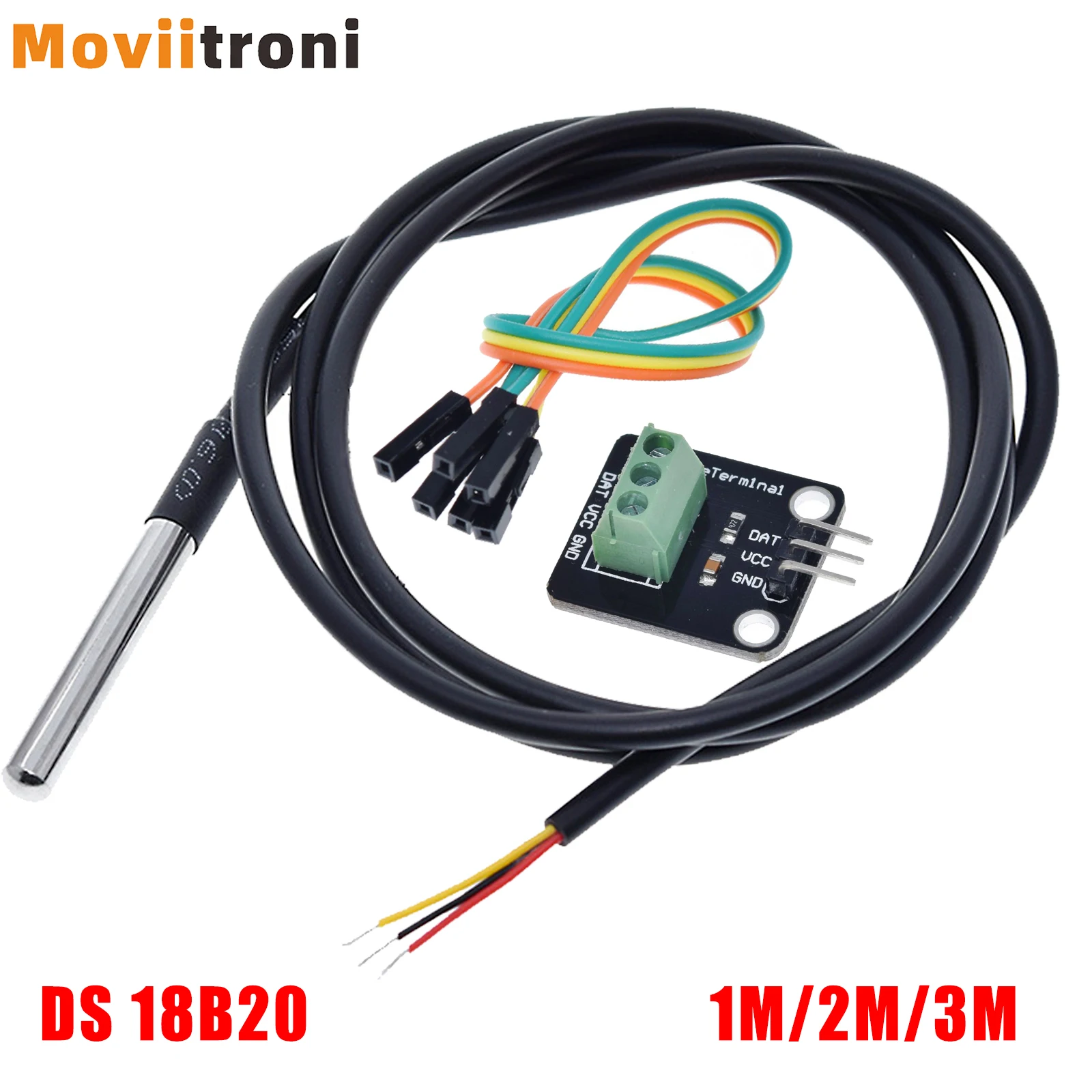 DS 18B20 Temperature Sensor Probe Stainless Steel Package Waterproof 1m 2m 3m with Terminal Adapter Module