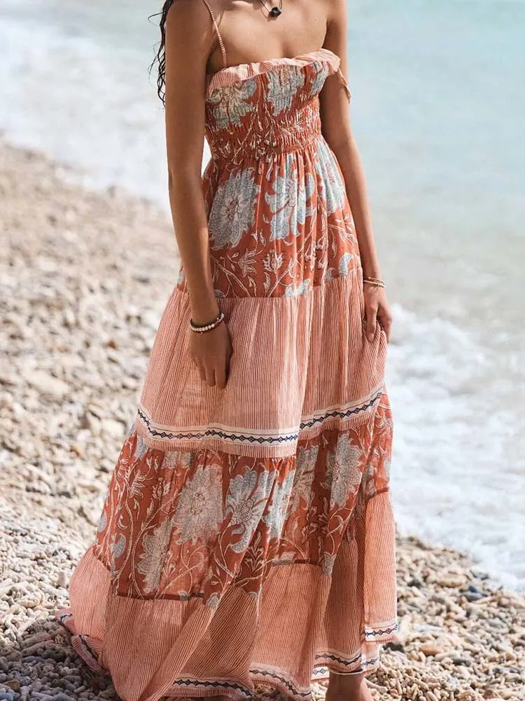 

Повседневное пляжное женское платье с открытой спиной и цветочным принтом, плиссированное летнее длинное платье, сексуальное богемное платье с открытыми плечами и высокой талией