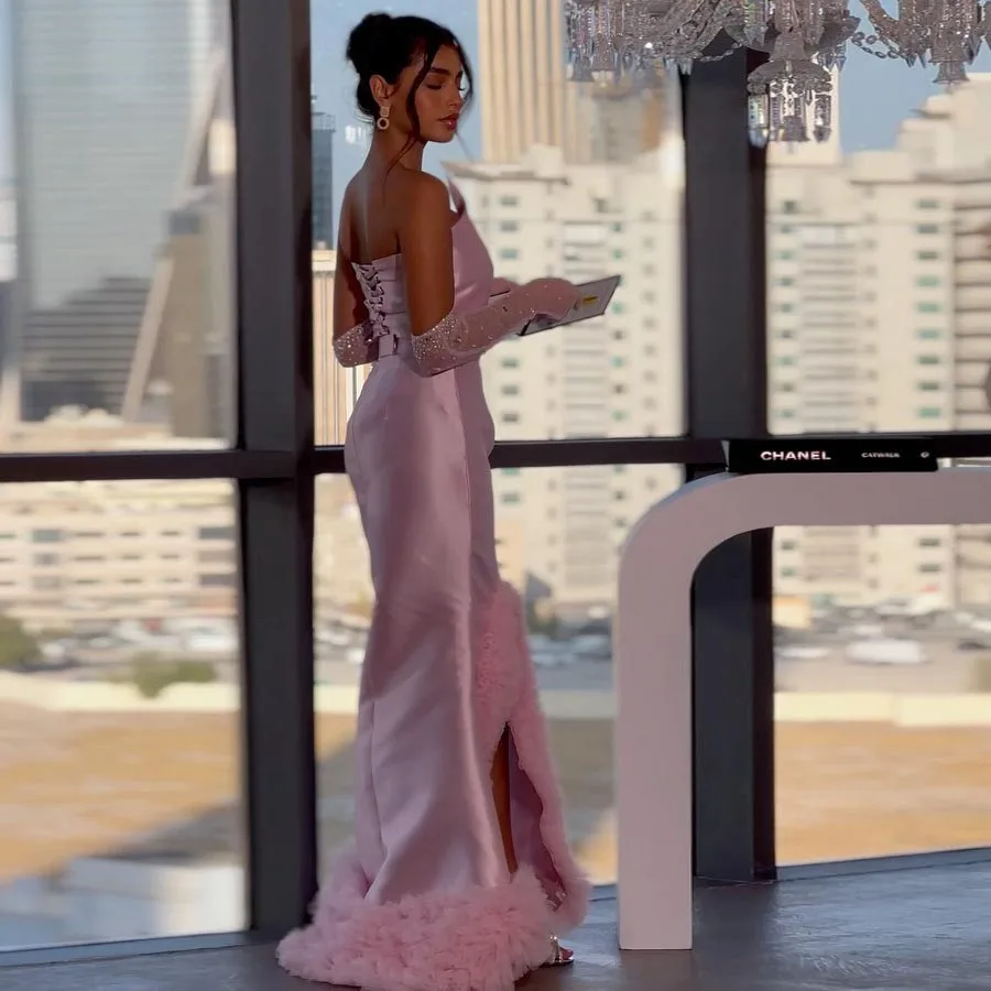 Pink Strapless Crystal Mermaid Evening Dresses Dubai Arabic Women Ruffles Side Slit Satin Formal Prom Gowns Dress Without Gloves