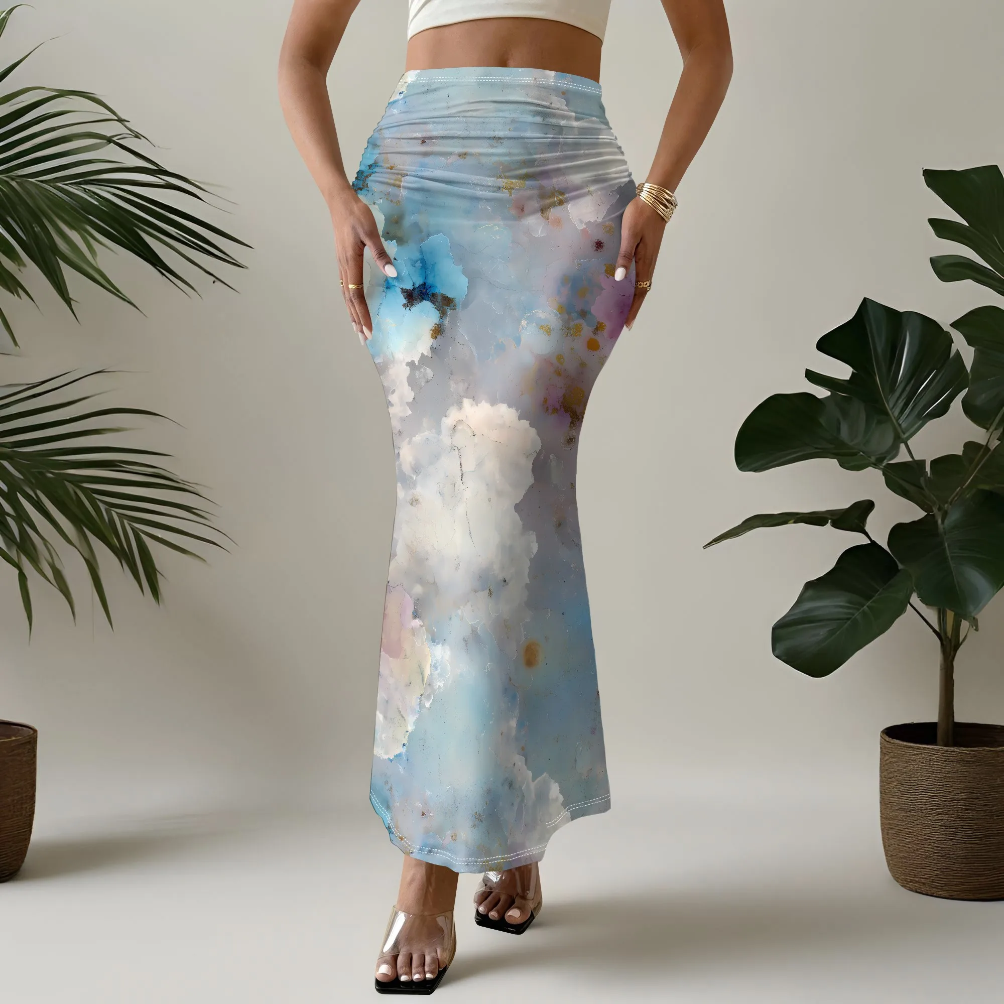 Artistic Print Mermaid Skirt Watercolor Cloud Pattern Midi Skirt High Waist Ruched Bodycon Skirt for Women Party Beach