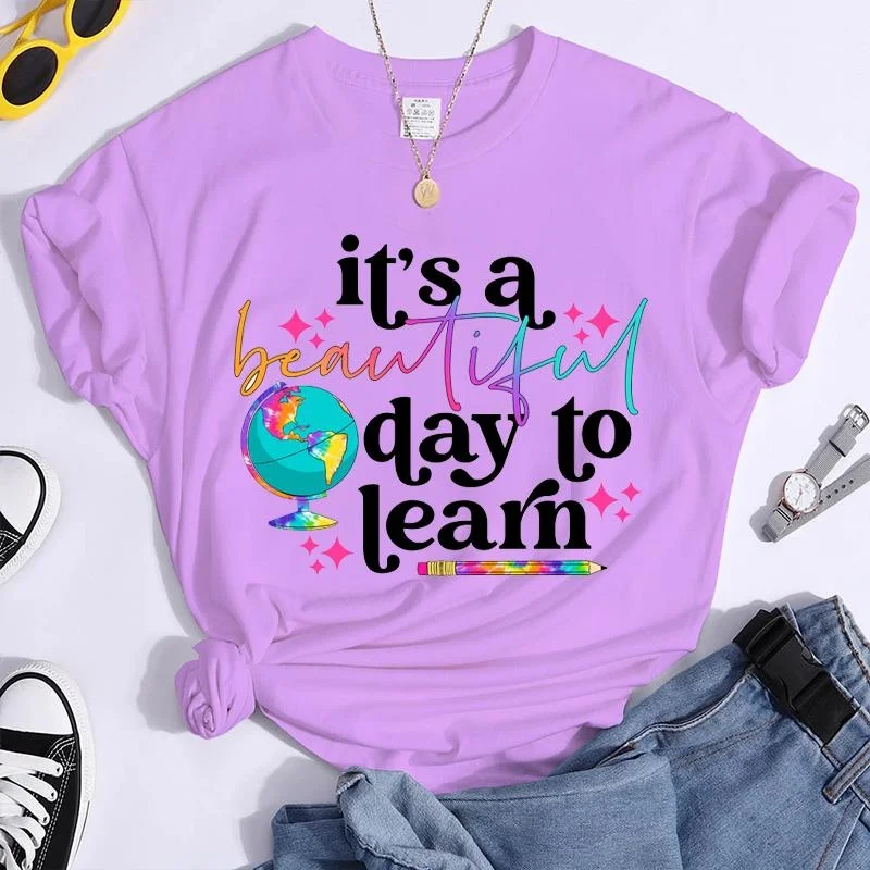 It\'s a Beautiful Day to Learn T-Shirts Summer Casual Round Neck Comfy Short Sleeve Shirt Teacher Appreciation Week Tees