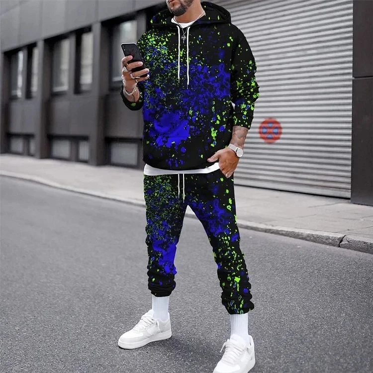 Paint Splatter Print, Men\'s 2Pcs Outfits, Casual Hoodies Long Sleeve Sweatshirt And Sweatpants Joggers Set For Winter Fall