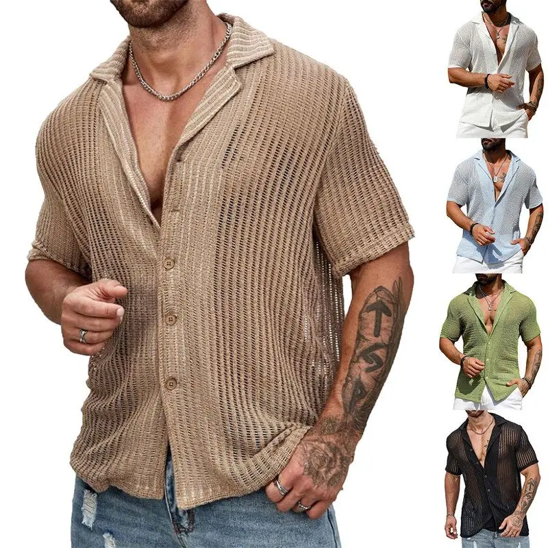 

Men's Casual Knitted irt ort Sve Loose Fit Breathable Summer Faion Ci Walk PU Leather Fabric High Color Fastn