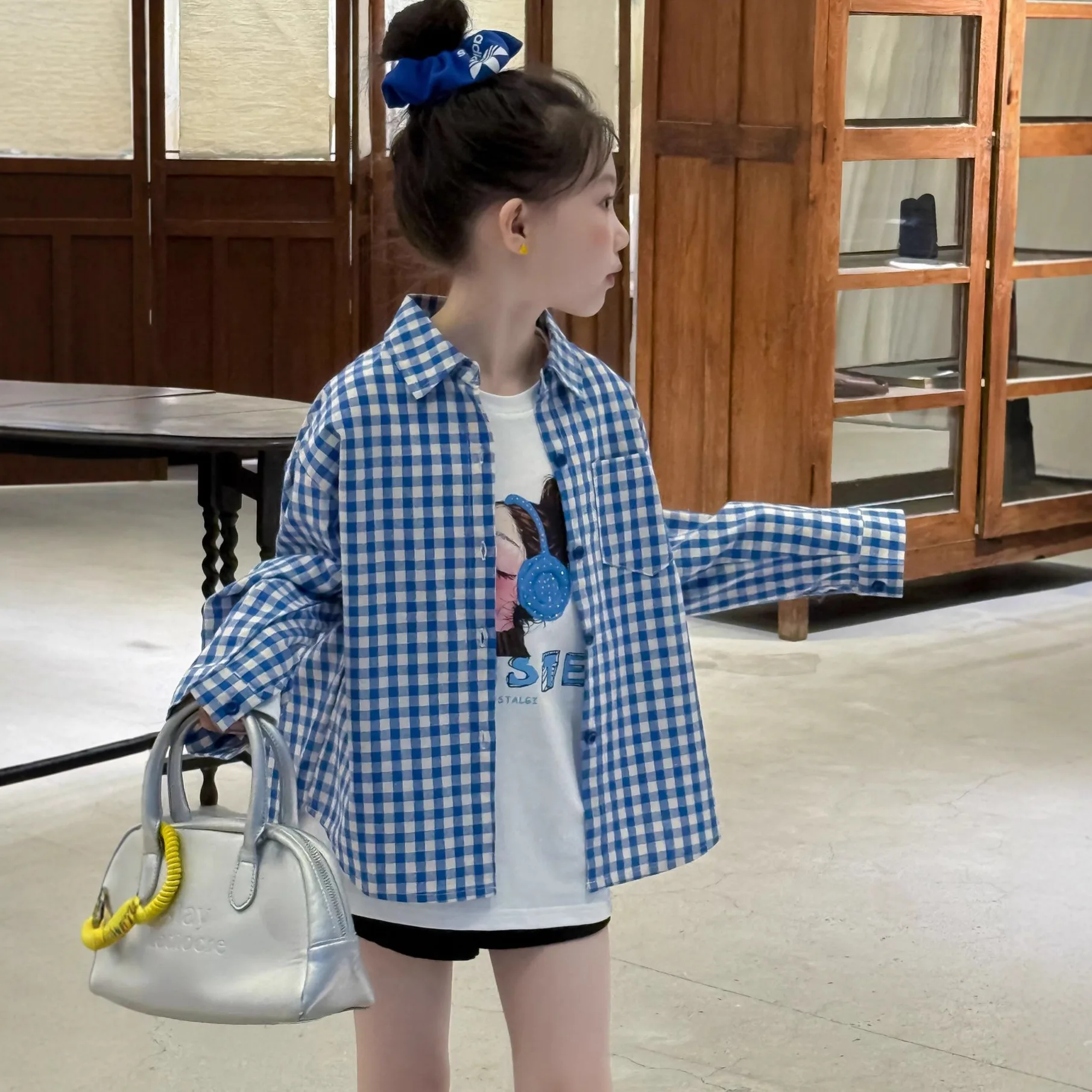 

Girls Shirt 2025 Autumn New Childrens Clothing Korean Style Girls Baby Fashion Long-sleeved Blue Plaid Shirt Casual Simple Daily