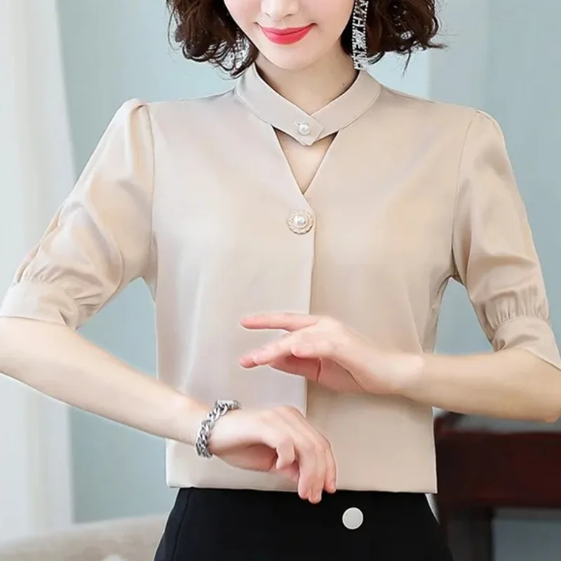 Solid Color Crew Neck Summer Women\'s Pullover Button Chiffon Hollow Out T-shirt Casual Elegant Fashion Party Half Sleeve Tops