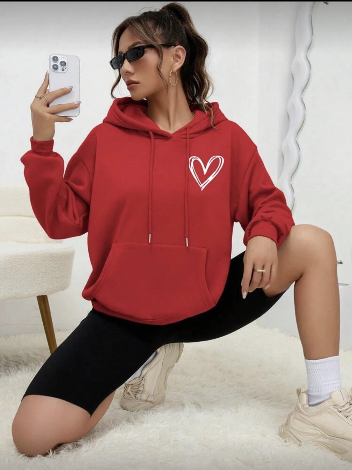 Loose Casual Heart Print Hoodie Women's Comfortable Oversize Sweatirt Spring Faion Ladies' Single Piece Hat Design