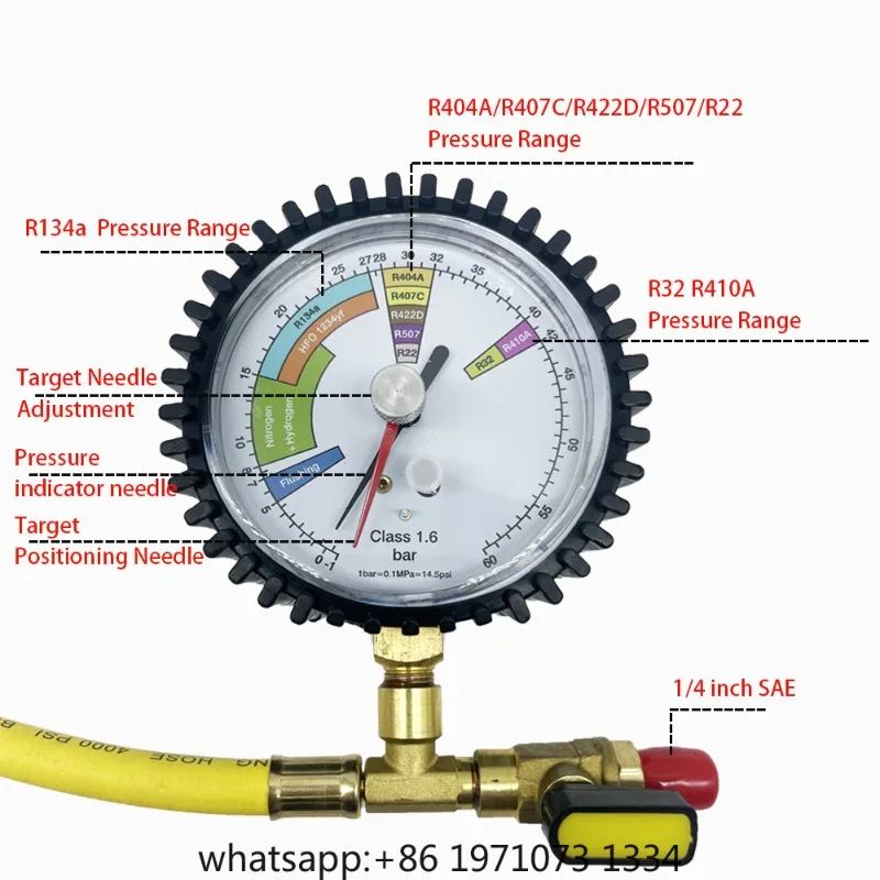 Nitrogen Pressure Gauge Tester for Air Conditioning, Refrigerant, Car HVAC System(R134a, R22, R407C, R410A, R404A, R507, R32)