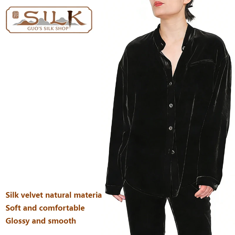 

High-end Natural Silk Velvet Women's Shirt Long Sleeve Standing Collar Top Lustrous Elegant, Comfortable Relaxing, Luxurious