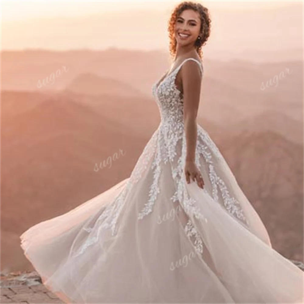 A Line Tulle Wedding Dress for Women Lace Applique Bridal Gown Sexy V Neck Sleeveless Formal Party Dresses robe de mariée