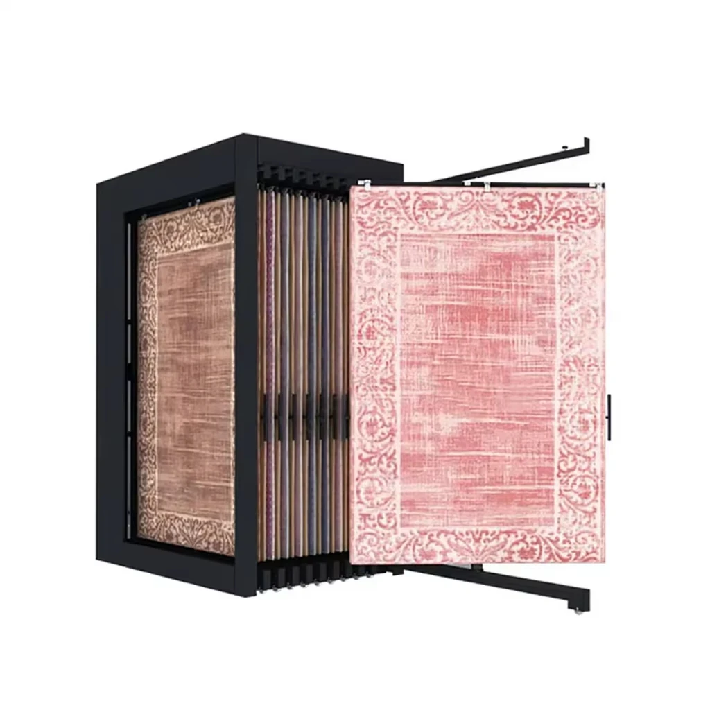 

&c BOYA Manufacturer Low Price Metal Rack Carpet Rack Pull and Push Fabric Carpet Rug Rotating Display for Showroom