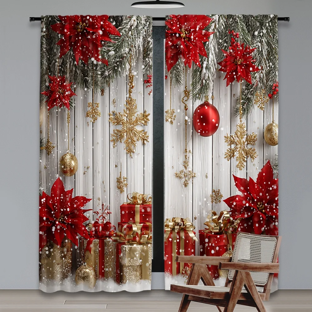 Festive Christmas Ornaments and Glowing Lights Art Pattern Two-Panel Rod Pocket Window Curtains Holiday Home Decor