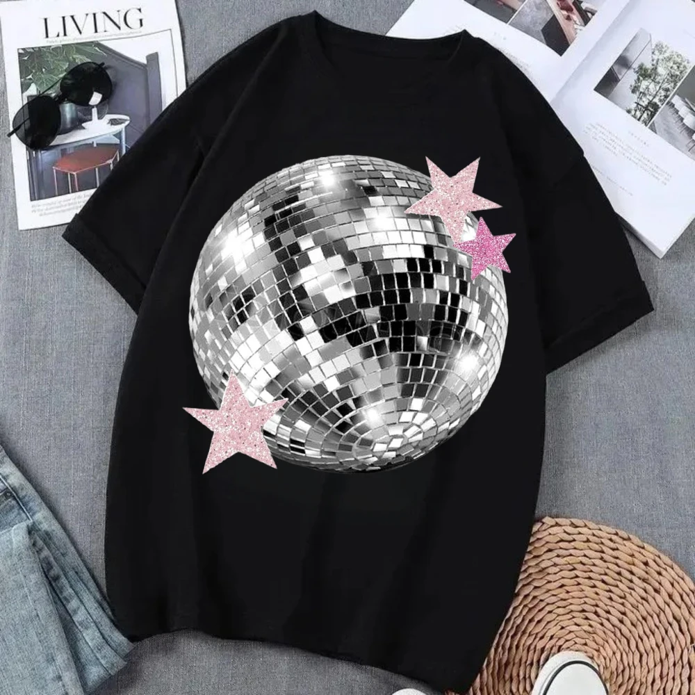 Casual Short-sleeved T-shirt Disco Ball Print Top Simple Crew Neck Tee Comfortable Daily Wear Unique Music Festival Streetwear