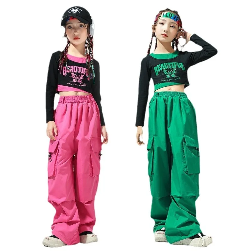 Fashion Teen Girls Joggers Pants Loose Casual Children Straight Trousers Pockets Design Trendy Cool Streetwear Kids Pants 5-14Ys