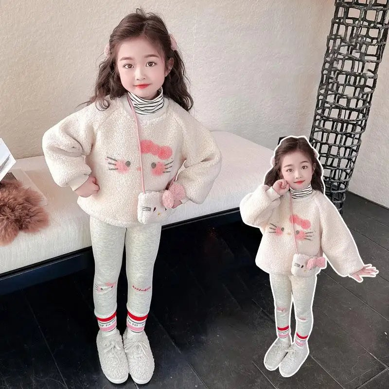 Cartoon Sanrio Hello Kitty Round Neck Sweatshirt Children Autumn Winter Thicken Leggings Kawaii Girl Tops Pants Two Piece Set