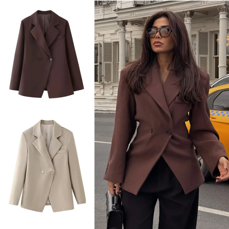 

Women's Slim Fit Suit Solid Color Slim Asymmetric Lapel Button Long Sleeve Pocket Jacket 2025 New Vintage Office Commuter Jacket