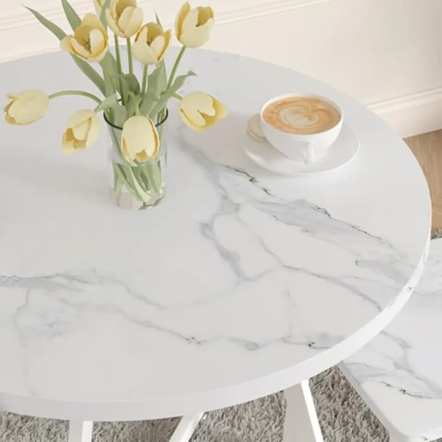 VECELO Round Dining Room Table with Wood Grain Tabletop and Steel Frame for Kitchen Living Room Office Conference 2 to 4 Person