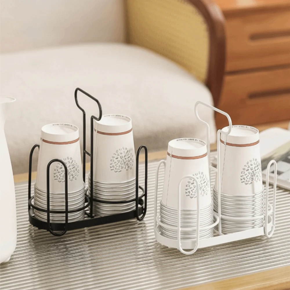 Durable Metal Cup Rack Hollow Out Design Black/White Cup Holder Dispenser with Handle Large Capacity Kitchen Paper Cup Holder