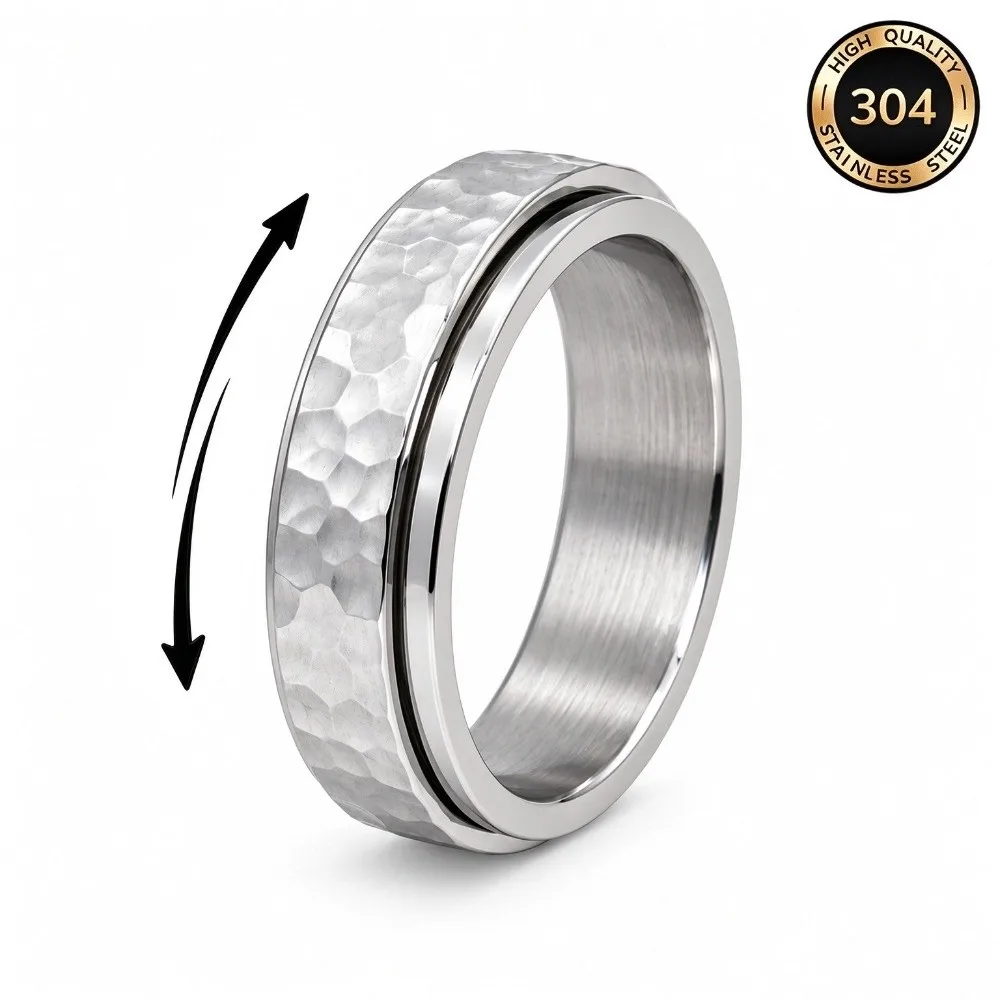 Hammered Moonpits Spinner Ring Irregular Patterns Anti-Stress Meteorite Ring Vintage Punk Rotating Stainless Steel Ring Men