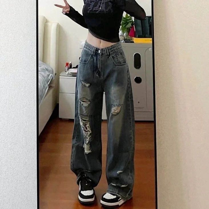 Retro Vibe Jeans mit hoher Taille und geradem Bein für Damen, kleine Größe, Sommer, lockere, schlankmachende, lange Hosen mit weitem Bein, bodenlange Hosen