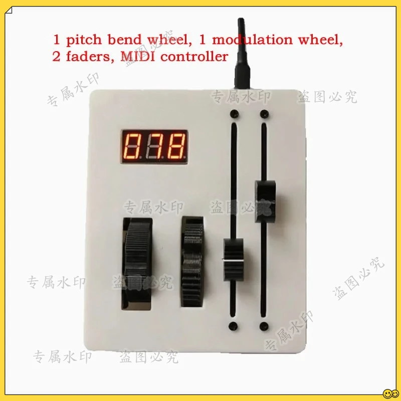

Versatile MIDI CC controller. 1 pitch bend wheel, 1 modulation wheel, 2 faders