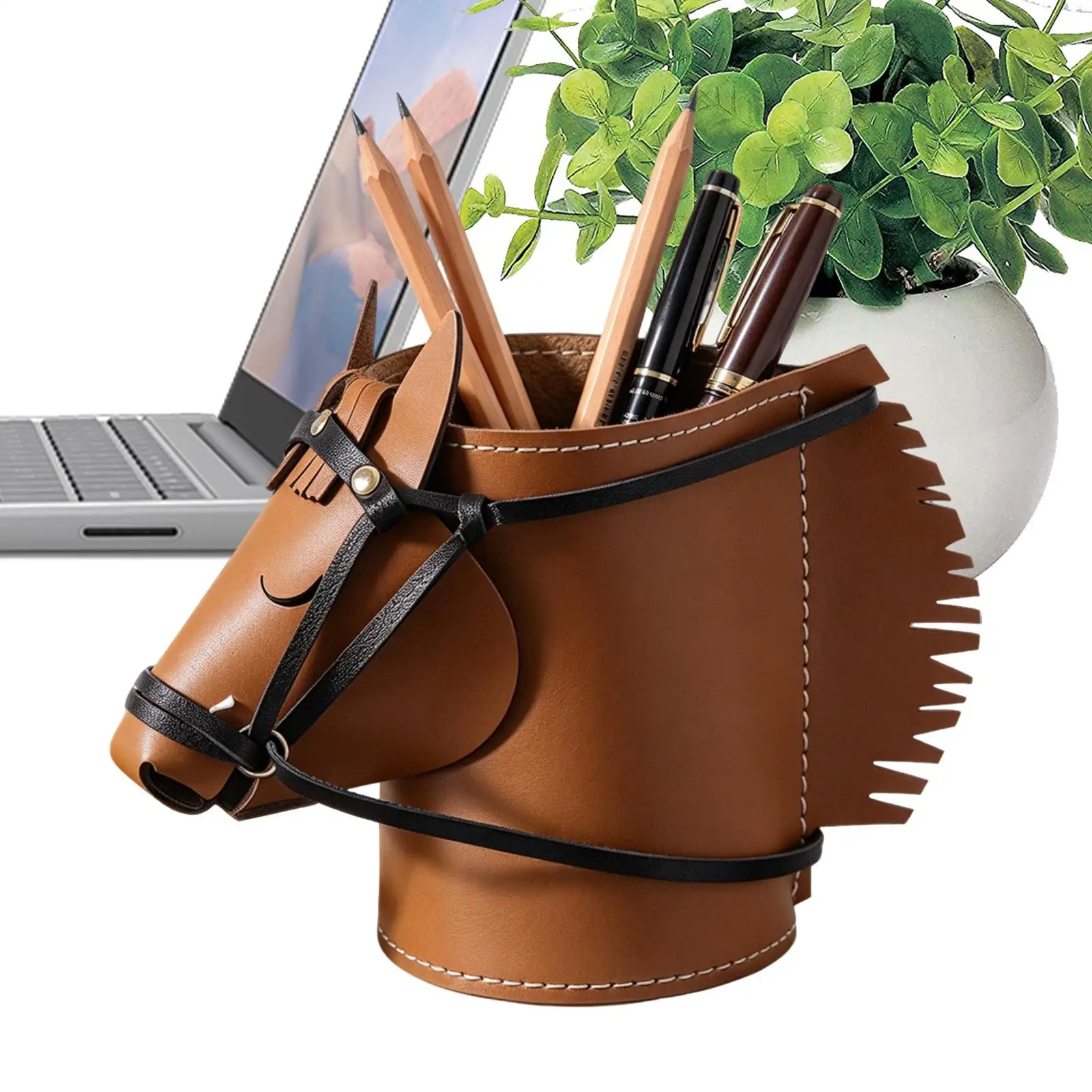 Cute Pencil Holder PU Leather Horse Head Makeup Brush Storage Decorative Large Capacity Pencil Holder For Home School Office