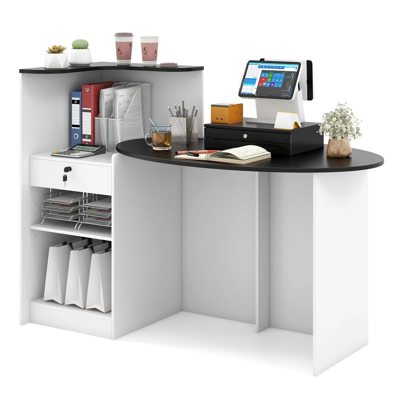 Reception Desk with Lockable Drawer & Adjustable Shelf, Front Counter with Oval Tabletop, Retail Register Stand, Office