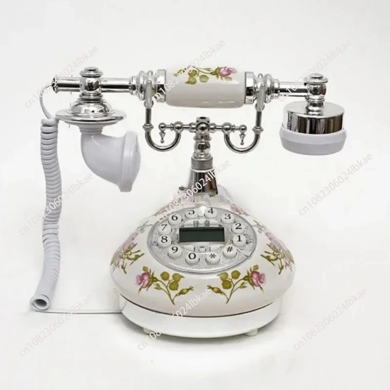 Wired Telephone Home Electroplating Blue Screen Retro Telephone Rural Ceramic Antique Decoration Desktop Crafts AA