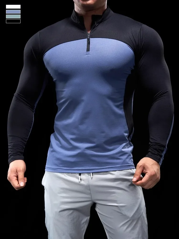 Men Autumn Winter Tights Fitness Clothes POLO Shirts Half-zip Running Clothes Long-sleeved Quick-drying Stretchy Sports Thin