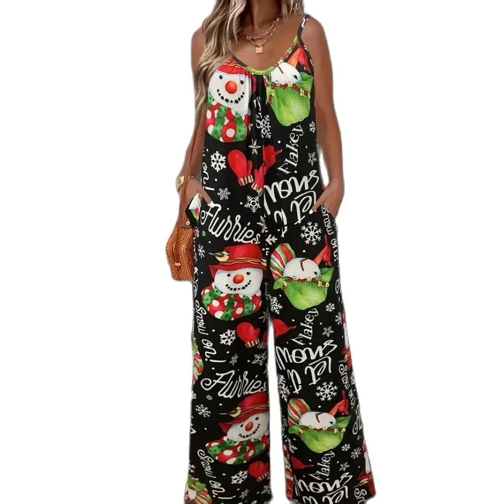 Christmas themed print sexy V-neck halter print romper with pocket slacks for ladies