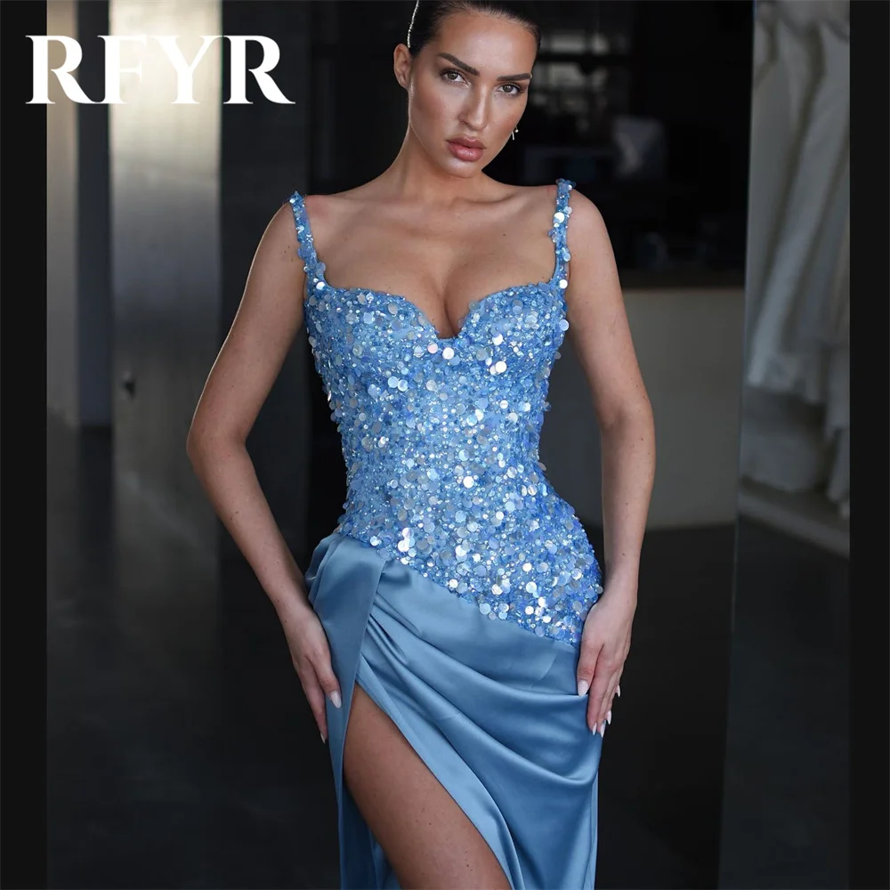 RFYR Light Blue Prom Dress Long Mermaid Spaghetti Straps Sequins Satin 2024فساتين السهرة High Side Slit Sexy Vestido De Festa