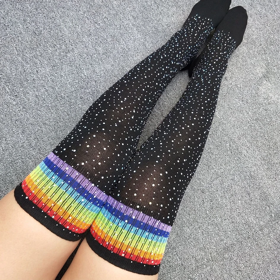 Sexy Glitter Rhinestone Stockings Women Rainbow Striped Stockings Bling Christmas Knee Socks Harajuku Fashion Shiny Long Socks