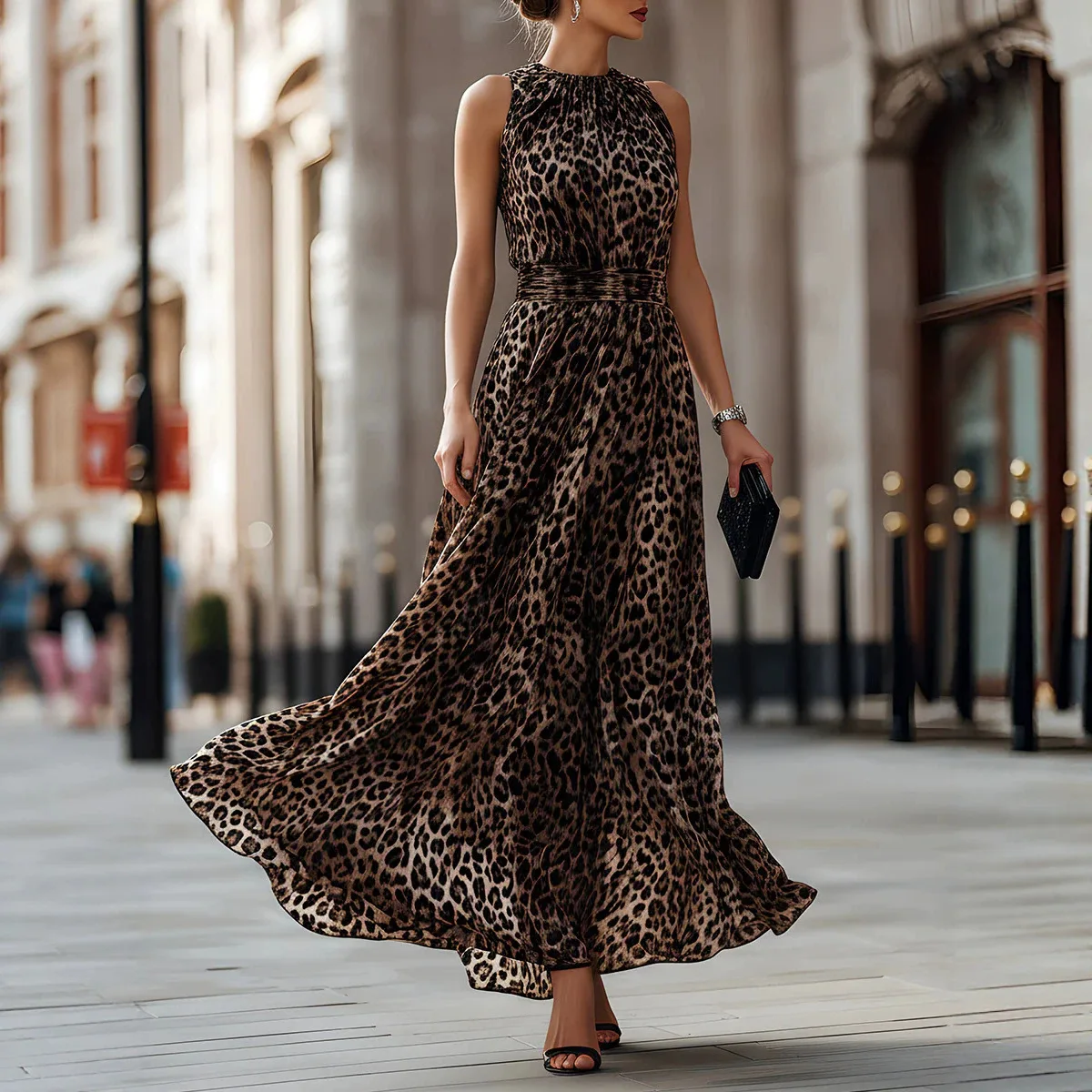 

Leopard Print Sleeveless Round Neck Long Dress, Bodycon Waist Slimming Flowy Maxi Dresses for Women Spring Summer