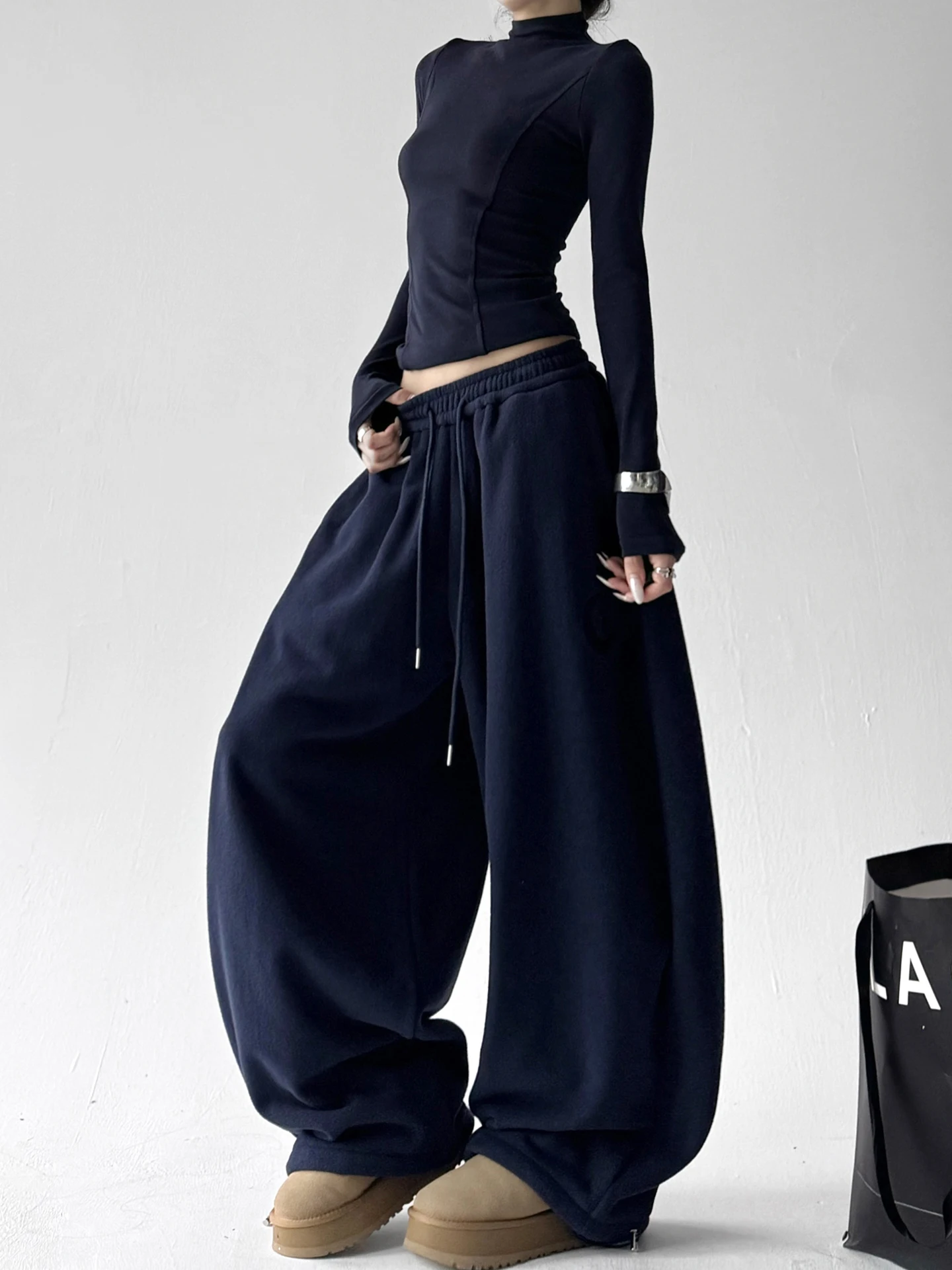 Lose Fce Gefüttert Breite Bein Jogginghose frauen Spor Casual Hosen Hohe Taille Polyester Faser Retro Sle Herbst Winter Neue