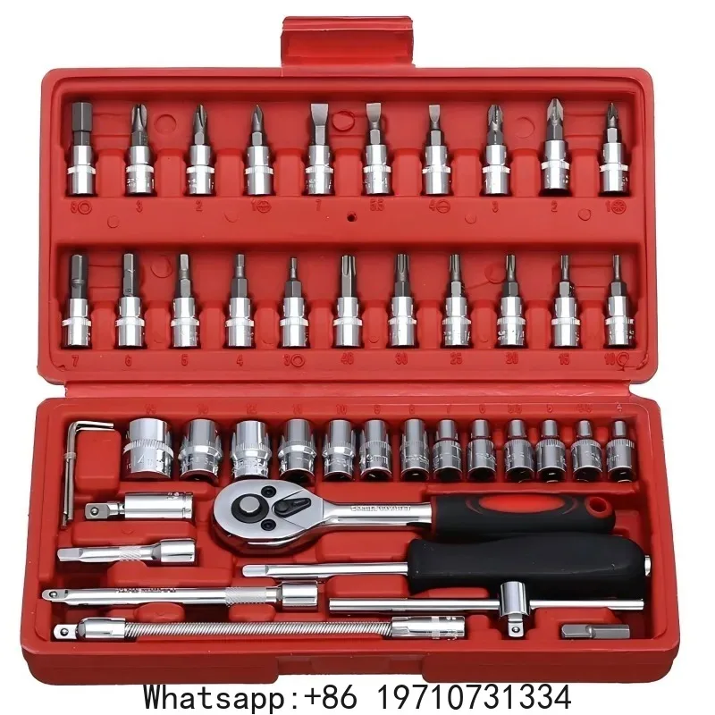 46PC Socket Wrench Set Household Chrome Vanadium Steel Motorcycle Auto Car Repair Tool Ratchet Torque Combo Mechanical Tools Box