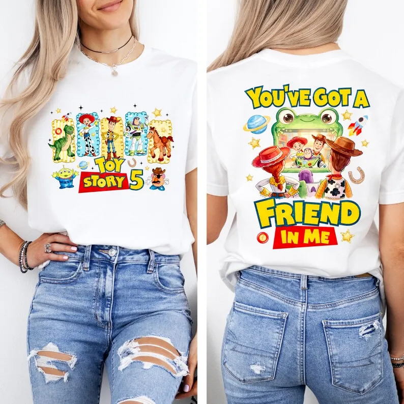 Cartoon Toy Character Double-sided Casual Tee, Hand-drawn Space Cowboy Figure Print Cotton Top For Theme Park Daily Trip Outfits