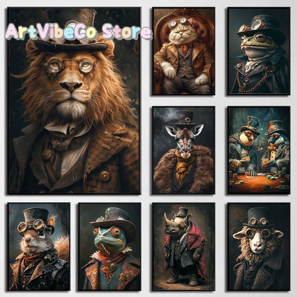 Cool Steampunk Animals Portrait Canvas Print Posters Pictures Retro Animal Wall Art Painting Mural for Living Room Home Decor