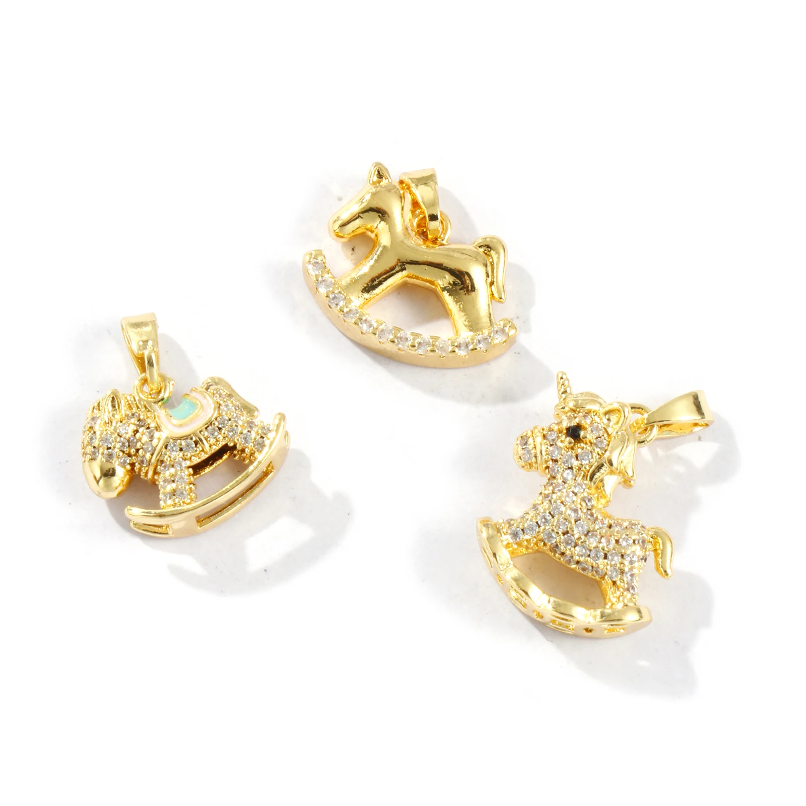 2PCs 8Seasons Brass 3D Rocking Horse Charms For Jewelry Making 18K Gold Plated Clear Cubic Zirconia Toy Pendant Necklace DIY
