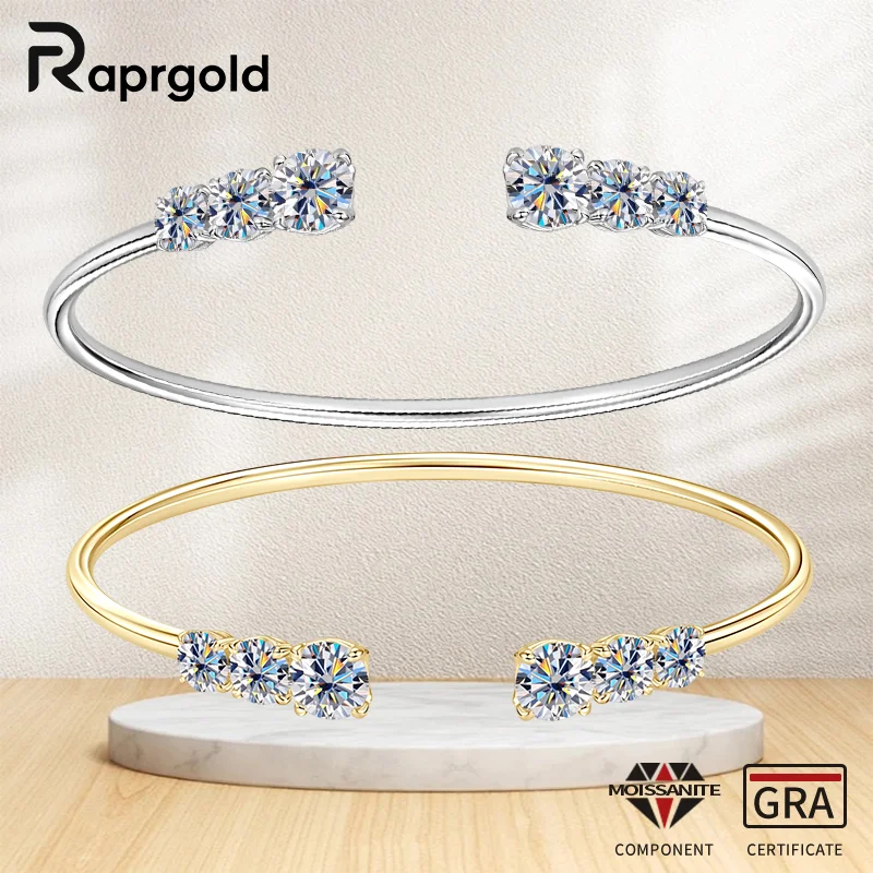 

RAPRGOLD GRA Certified Full Round Moissanite Bracelet Cuff for Women S925 Sterling Silver Bracelets Wedding Jewelry Gifts Bangle