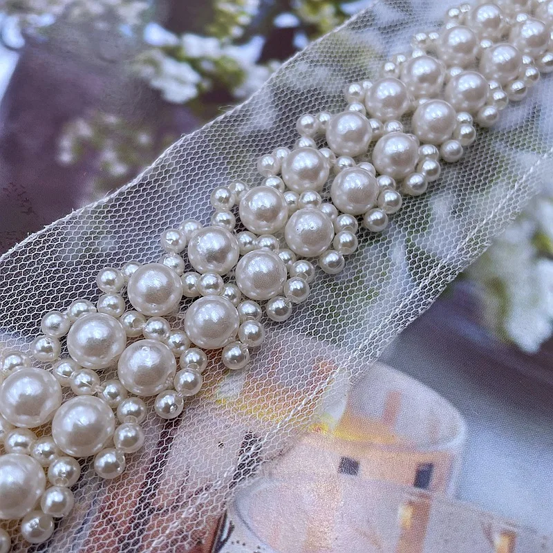 85cm White Pearl Beads Embroidery Flower Mesh Lace Collar Fabric Sewing Applique Diy Guipure Ribbon Trim Craft Neckline Decor