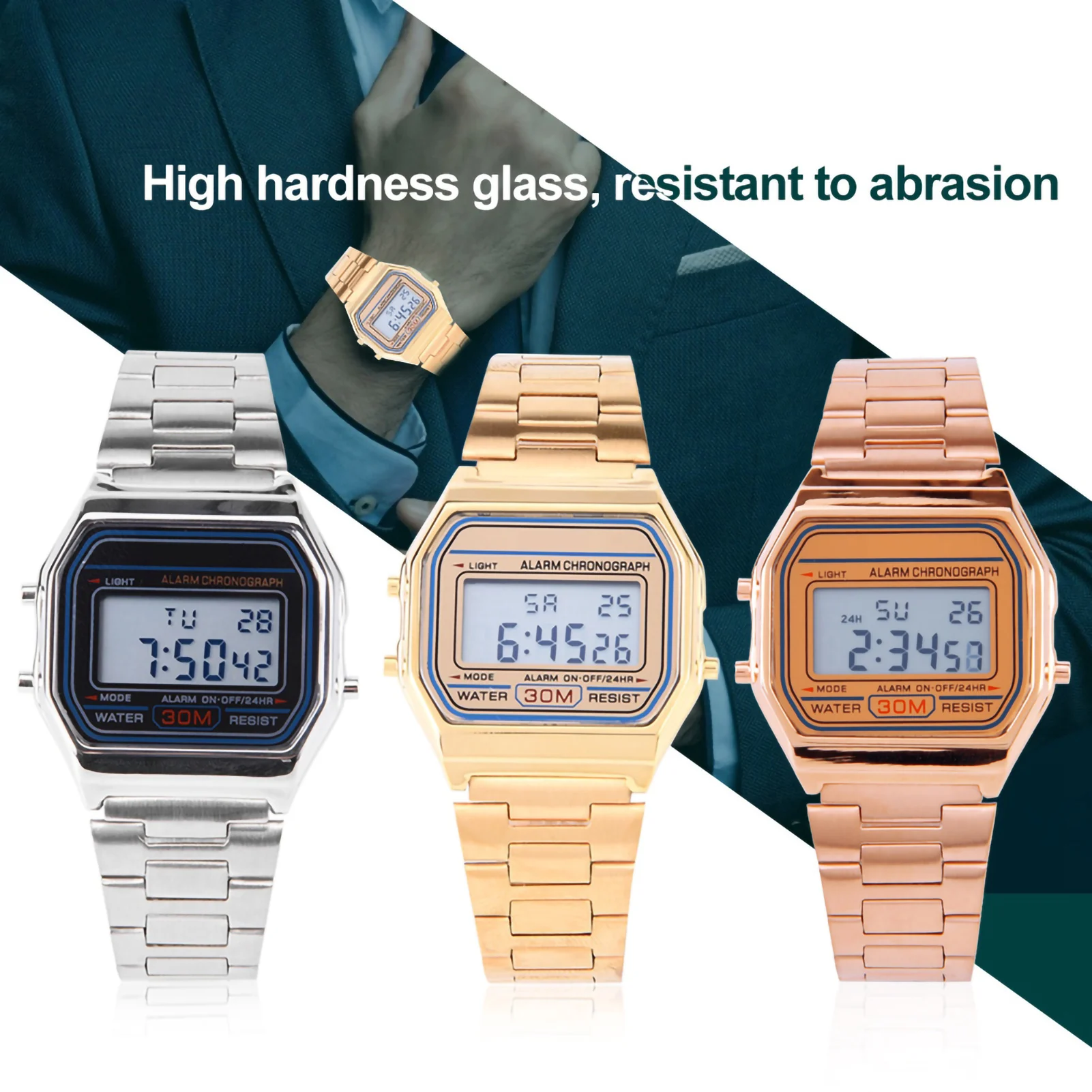 

Электронные часы с подсветкой, 3 цвета, цифровая светодиодная подсветка, электронные часы с ремешком из нержавеющей стали, прямоугольные наручные часы