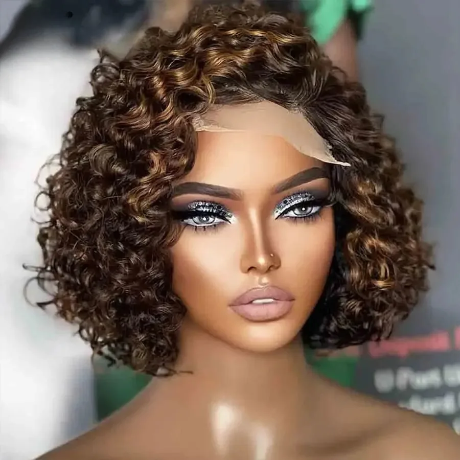

Dark Brown Highlights Streaks Short Curly Wigs 13x4 HD Loose Wave Frontal Wig Pre Plucked Synthetic And Blend Lace Wig For Women