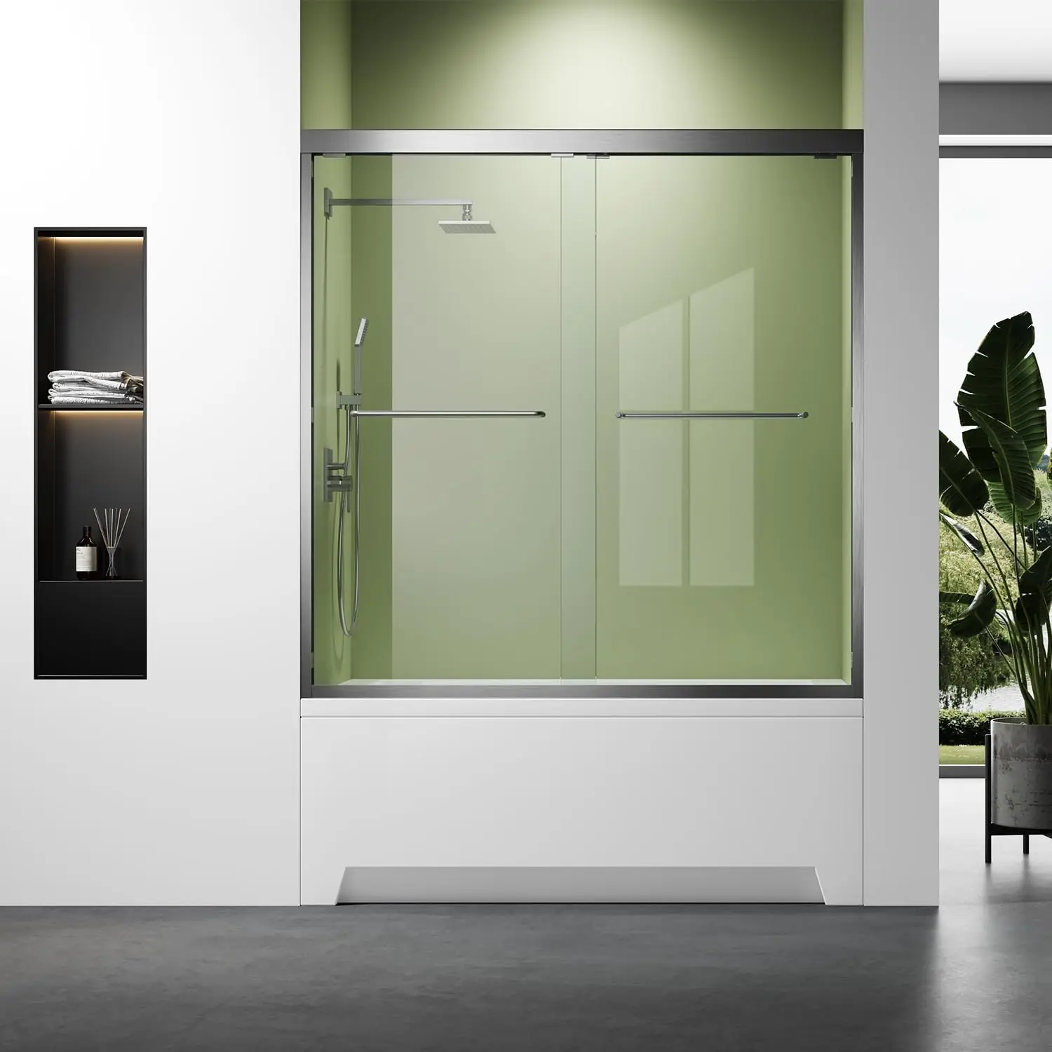 Sliding Semi Frameless Bathtub Glass Door Brushed Nickel 60 Inch Towel Bar Handle