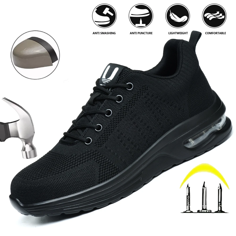 Men's Safety Shoes Anti- Crush Steel Toe Piercing Resistant Lightweight Breathable Upper Air Cushion Sole Pure Black Work Shoes