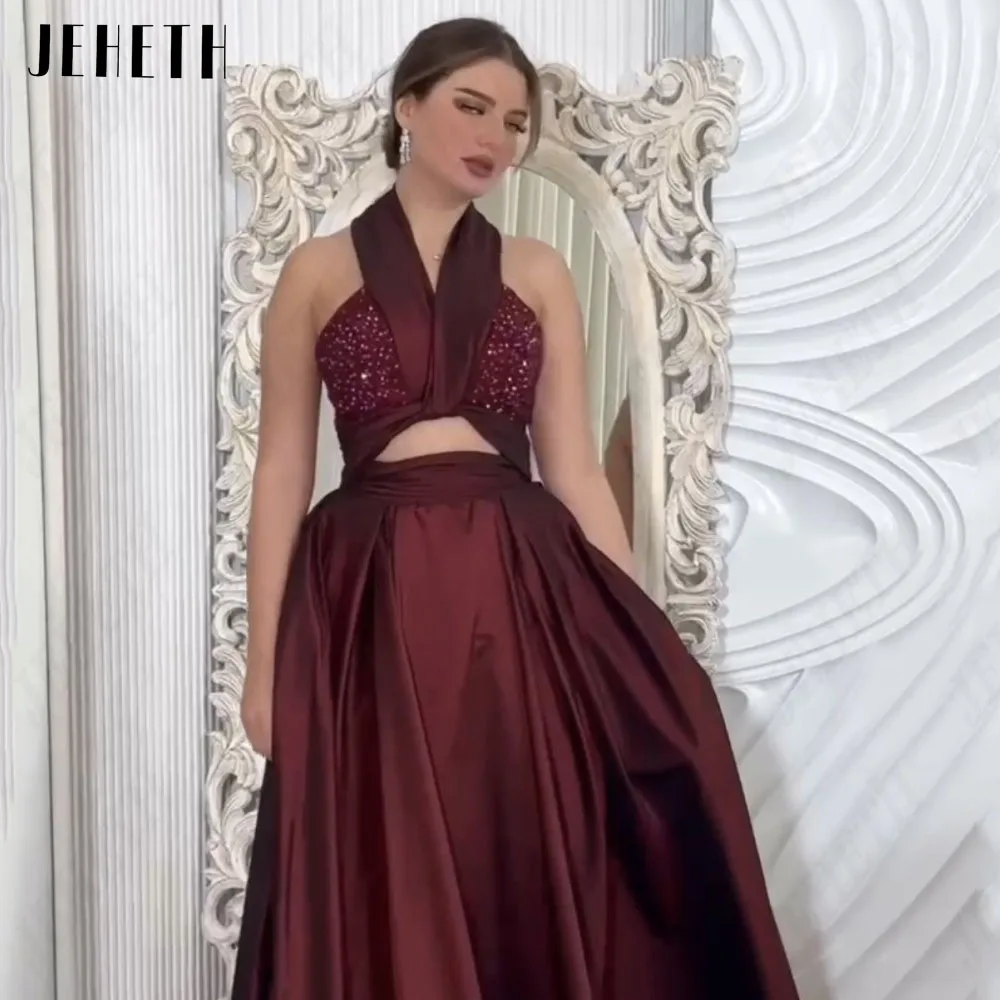 JEHETH Exquisite Sleeveless Evening Gowns Halter Neck Sleeveless Satin A-Line Prom Dresses Saudi Arabia Women's Formal Dress