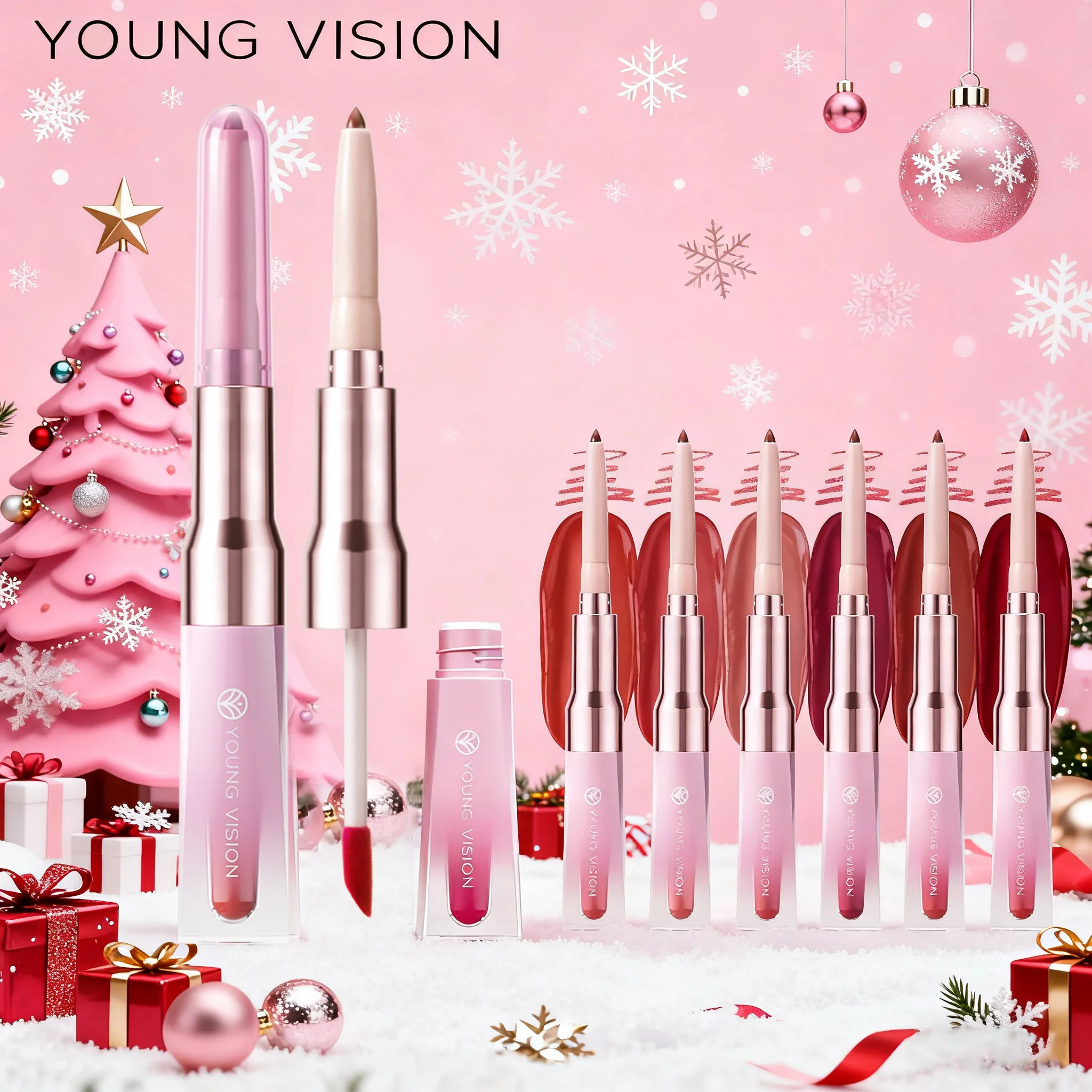 YOUNG VISION 6-kolorowy dwustronny konturówka do ust + błyszczyk do ust z efektem lustra, nawilżający gradientowy kolor ust, matowy błyszczyk do ust nieprzywierający