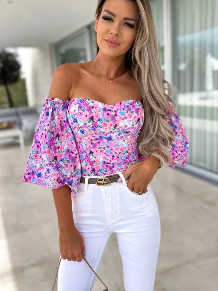 Elegant Floral Blouses For Women Sexy Backless Off Shoulder Crop Top Youth White Blouse Fashion Summer Women Clothing 2024