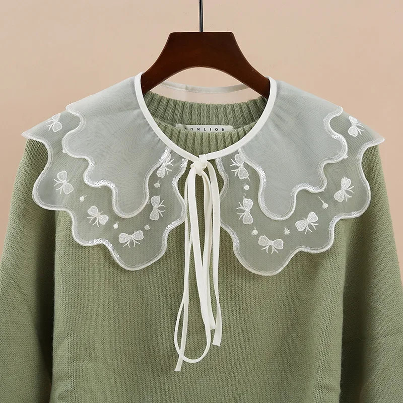 Linbaiway Women Lace Fake Collar Shawl Wrap Necklace Embroidery Shirt Detachable Collars Removable Sweater Doll False Collar