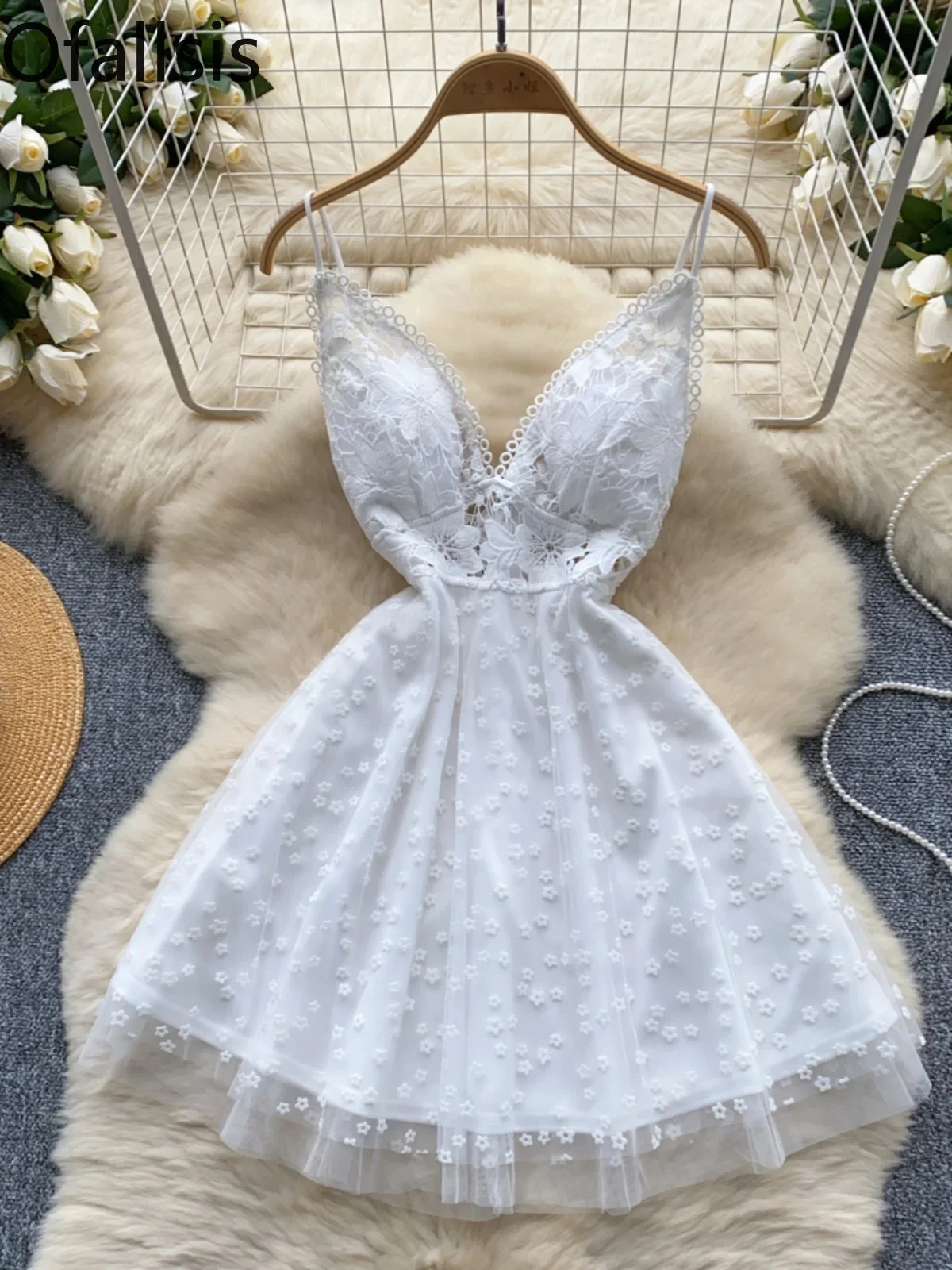 Ofallsis Sweet V neck Camisole Puffy Dress 2024 Summer New French Lace Patchwork Mesh Embroidery Sexy Backless Fairy Dresses