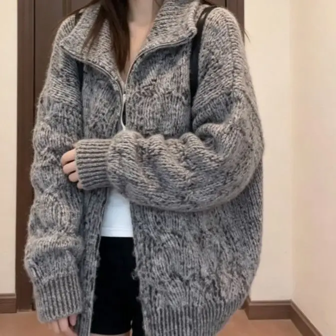 Vintage Fried Dough Twists Zipper Sweater Women's Autumn and Winter Big Lapel Loose Thickened Knitting Cardigan Coat